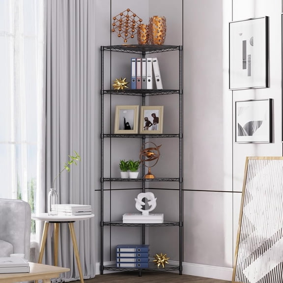 6 Tier NSF Storage Rack, 420lbs Capacity Metal Sector Corner Wire Shelving Units with Adjustable Feet for Balcony Kitchen Bedroom, 72" H x 18" L x 18" W Black