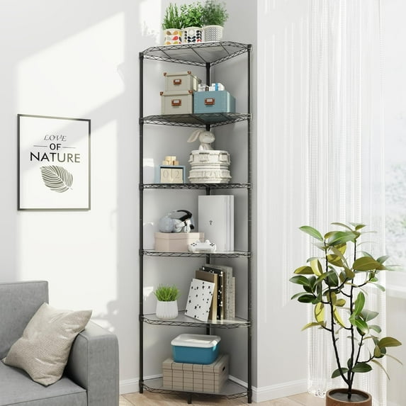 6 Tier NSF Storage Rack, 600lbs Capacity Metal Pentagonal Corner Wire Shelving Units with Adjustable Feet for Balcony, Kitchen, Bathroom 72" H x 20" L x 20" W Black