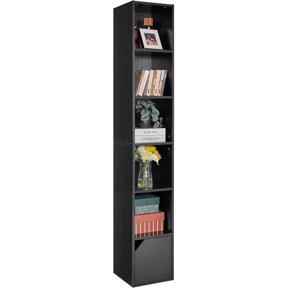 6 Tier Narrow Bookcase with Doors, Cube CD DVD Storage Cabinet,Slim Media Tower Rack,Cabinet,Black Bookcase Display Storage Shelves for Small Spaces,for Home Office Black UWBC001B