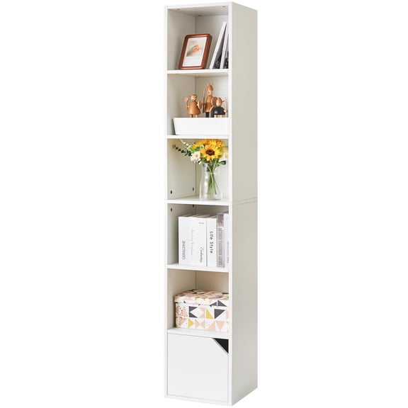6 Tier Narrow Bookcase With Doors Cube Cd Dvd Storage Cabinet Slim Media Tower Rack White Display Shelves For Small Spaces Home Office Uwbc001w