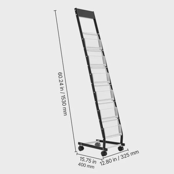 6-Tier Narrow Brochure Display Rack  Metal Floor Standing Magazine Rack with Wheels, Movable Newspaper Catalog Holders for Shop, Exhibitions & Office, 6 Pockets