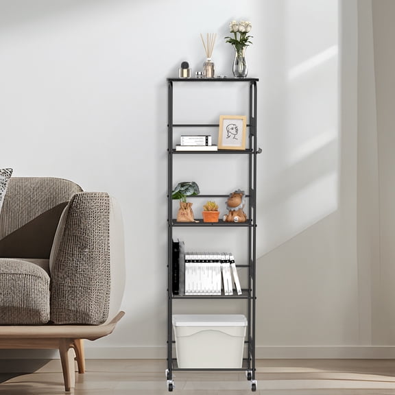 6 Tier Narrow Slim Rolling Kitchen Storage Cart, Black, 55in Tall, with 5 Hooks