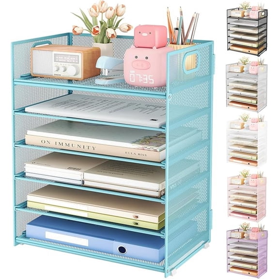 6 Tier Office File Paper Desk Tray Organizer with Handle, Stackable Slid Tray, Mesh Letter Tray Folder Blue Desk Organizer, Desktop Document Sorter for Classroom, Office, Home Supplies Storage