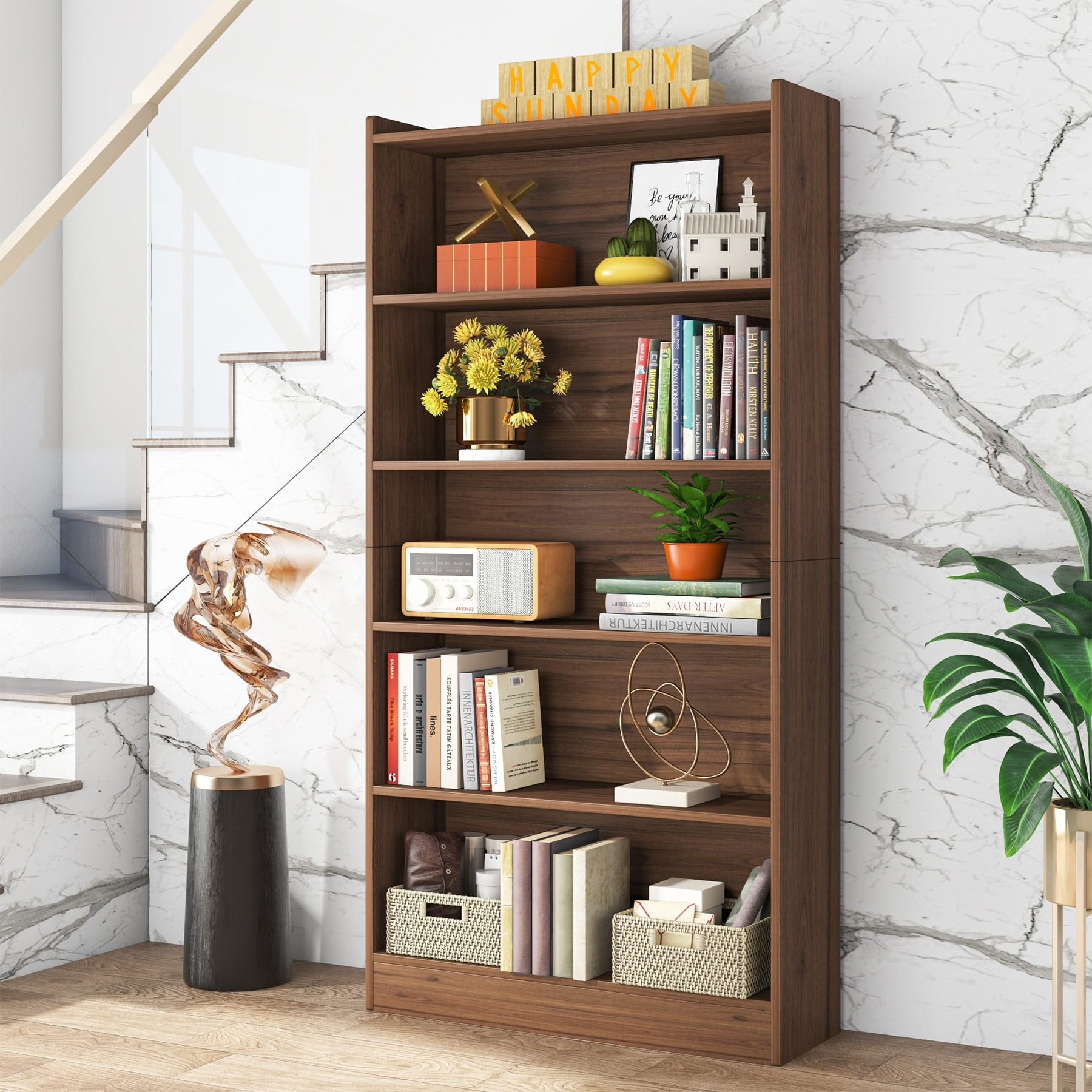 Brown Wood 72" Tall 6-Tier Open Storage Bookshelf