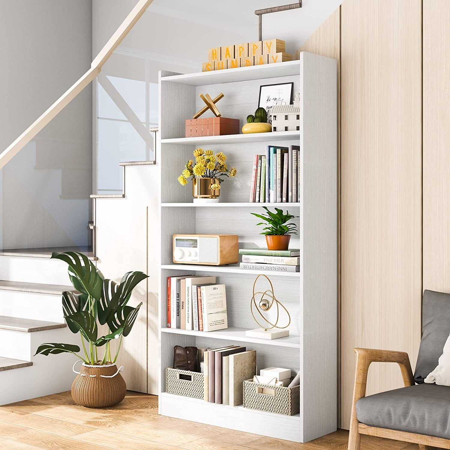 72-Inch Tall White 6-Tier Particleboard Bookcase