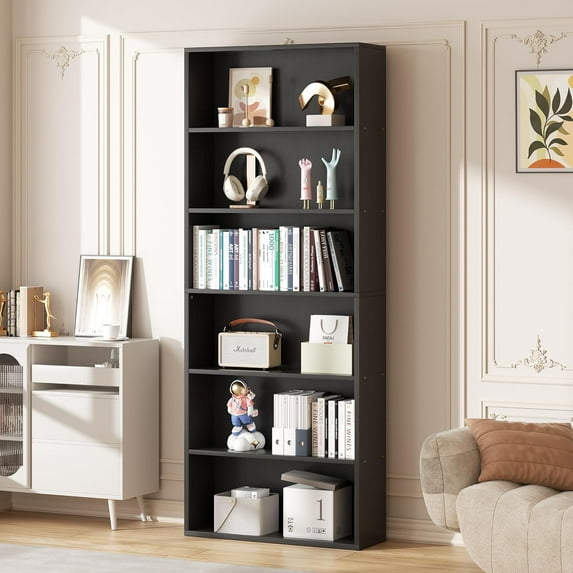 6-Tier Wood Bookshelf, Floor Standing Open Bookcase for Home Decor, Spacious Storage Shelves in Living Room Office Bedroom Furniture, Black