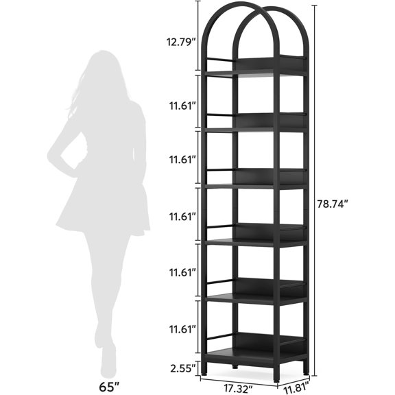 6-Tier Open Bookshelf, 78.7 Tall Arched Corner Bookcase with Metal Frame for Living Room Home Office Black