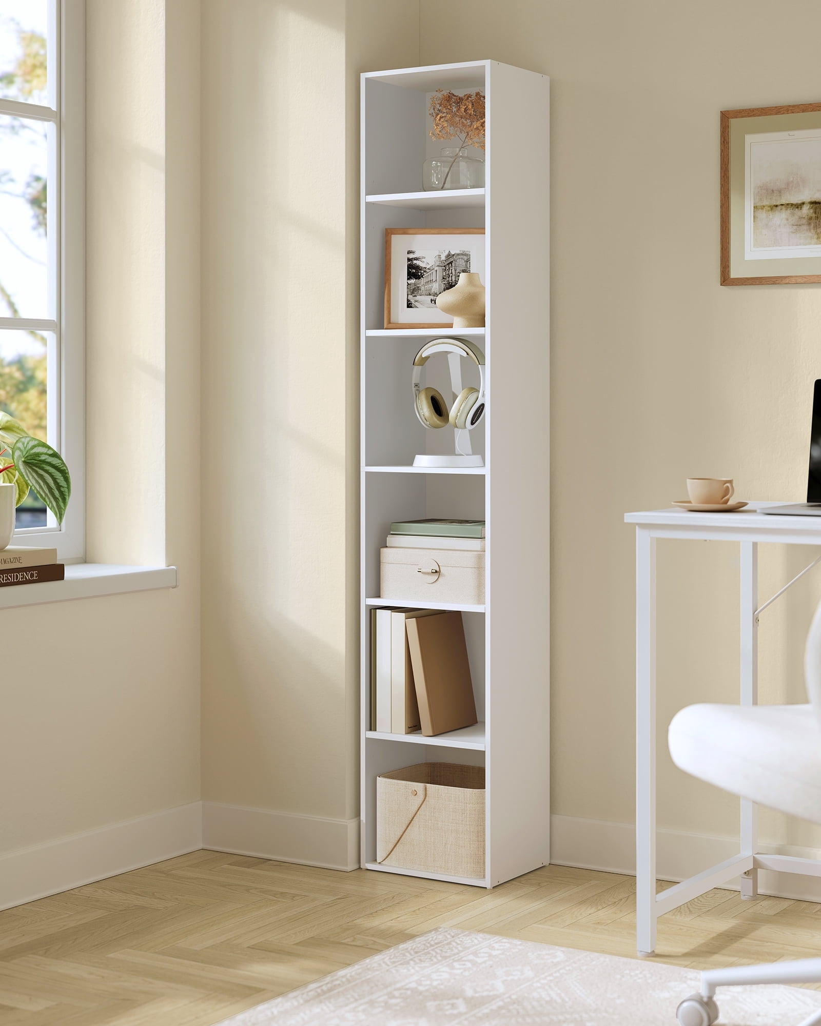 6 - Tier Open Bookshelf. Measuring 9.4 x 11.9 x 63.3 inches. Ideal for living rooms, home offices, or dining rooms.