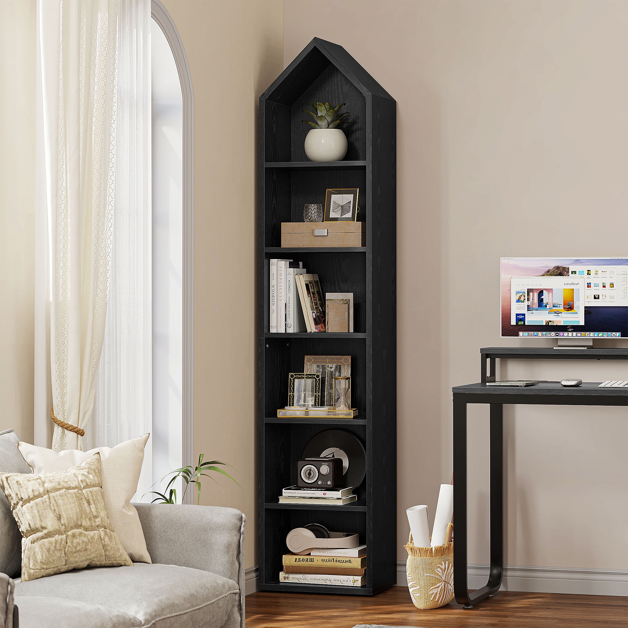 6-Tier Open Shelf 6-Cube Storage Organizer Standard Wood Bookcase Bookshelf Wall Shelf 72.8" Tall Narrow Bookcase Display Stand Home Office, Black