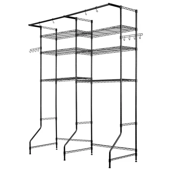 6 Tier Over Washer Dryer Storage Shelf with Adjustable Hanger Rod and Hooks Black