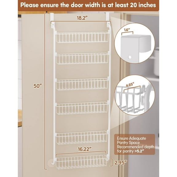 6-Tier Over the Door Pantry Organizer, White Storage Shelves for Cabinet, Spice  with Removable Baskets