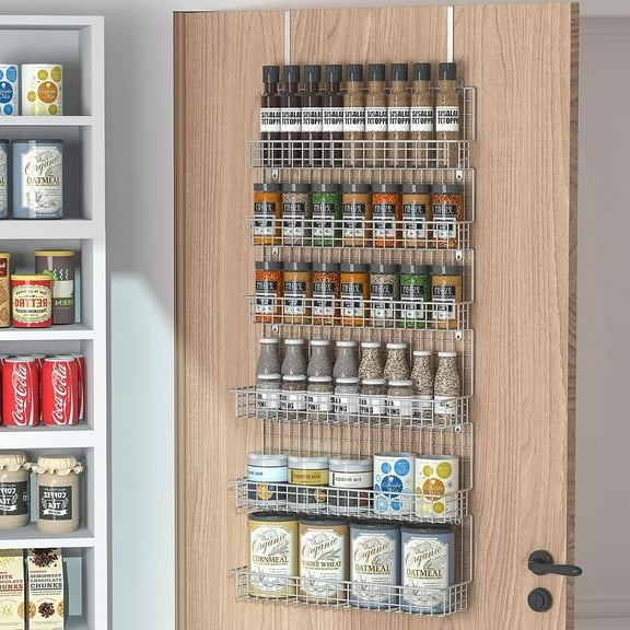 6-Tier Over the Door Pantry Organizer, X-cosrack Metal Pantry Door Storage Spice Rack for Kitchen Pantry Door Cabinet 4.7"D x 16.8"W x 37.5"H, Silver