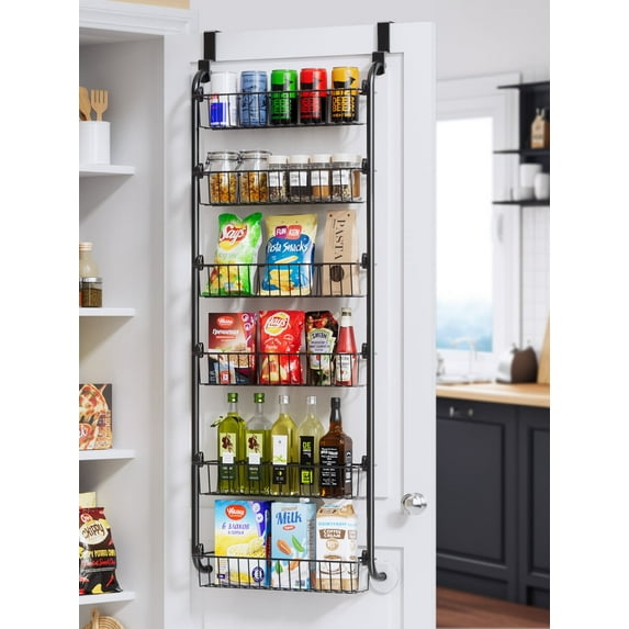 6 Tier Over the Door Pantry Organizer and Storage Rack with 6 Full Baskets, ROSSNY Metal Hanging & Wall Mounted Kitchen Storage Spice Rack-Black