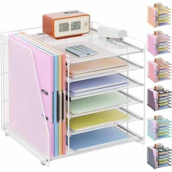 6-Tier Paper Organizer With Magazine Holder, Desk Organizers and Accessories, Desk Accessories & Workspace Organizers, File Organizer for Office Supplies Storag (White, 6-Tier)