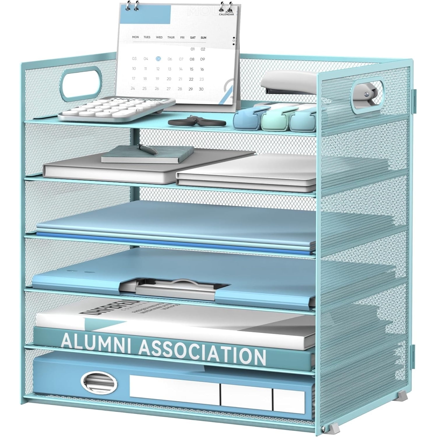 INTIGE 6 Tier Paper Organizer for Desk, Paper Letter Tray Organizer, Metal Mesh Desk File Organizers with Handle for Office/Home