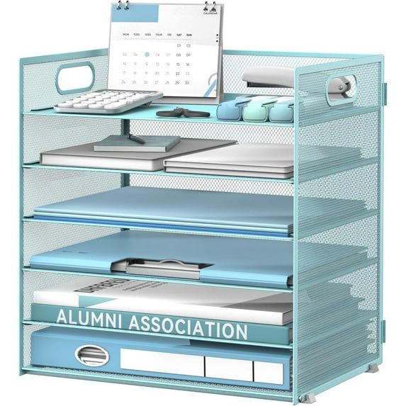 INTIGE 6 Tier Paper Organizer for Desk, Paper Letter Tray Organizer, Metal Mesh Desk File Organizers with Handle for Office/Home