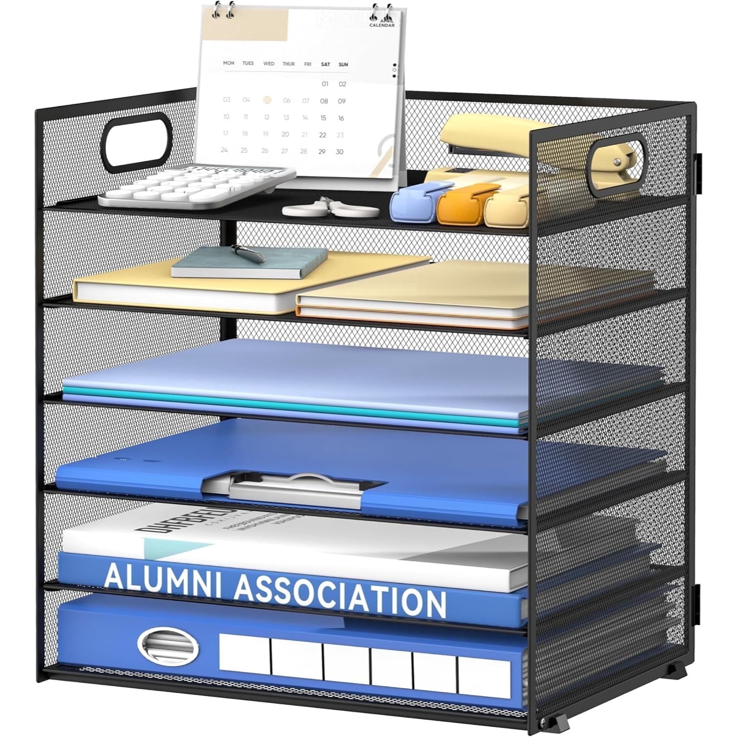 INTIGE 6 Tier Paper Organizer for Desk, Paper Letter Tray, Metal Mesh Desktop File Organizers with Handle for Office/Home