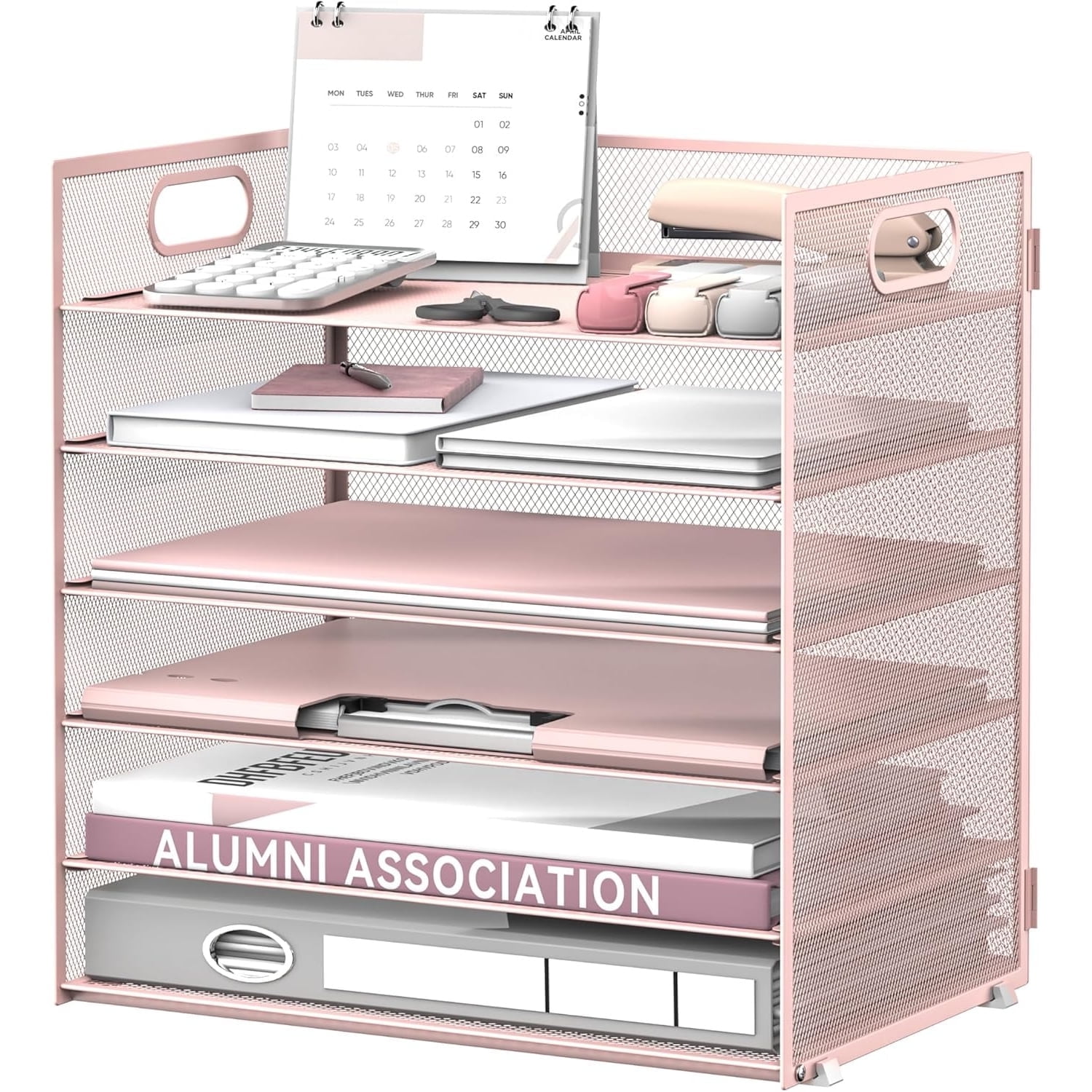 INTIGE 6 Tier Paper Organizer for Desk, Paper Letter Tray Organizer, Metal Mesh Desk File Organizers with Handle for Office/Home