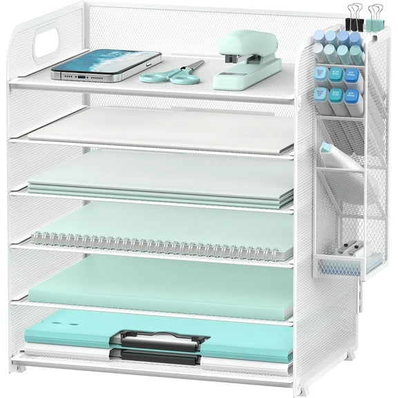 INTIGE 6 Tier Paper Organizer with 4 Pen Holders, Mesh Desk Organizer Letter Tray with Handle, White, Assembly