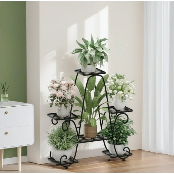 6-Tier Black Iron Flower Pot Display Shelf Holder for Indoor Outdoor Patio Balcony