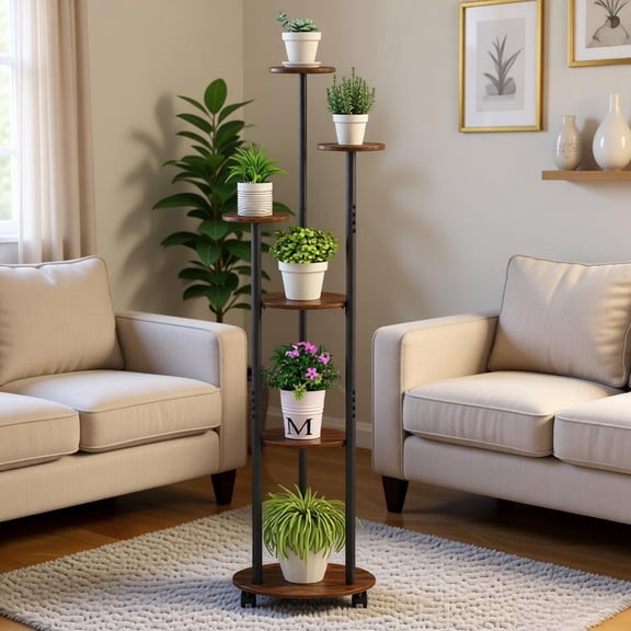 6 Tier Plant Stand with RGB Light Strip Smart APP Remote Control 57in Tall Corner Shelf Universal Wheels for Indoor Living Room Balcony Office Home Decor Display Flowers Books Crafts Rustic Brown