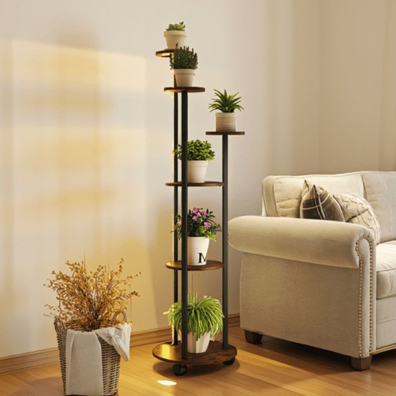 6-Tier Plant Stand with RGB Light Strip, App and Remote Control, Vertical Indoor Flower Rack, Rustic Brown, 57"H