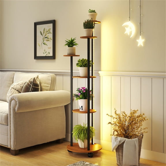 6-Tier Plant Stand with RGB Light Strip, Smart APP & Remote Control, Natural Wood Plant Shelf for Home Decor, Multipurpose Display Rack  RLB