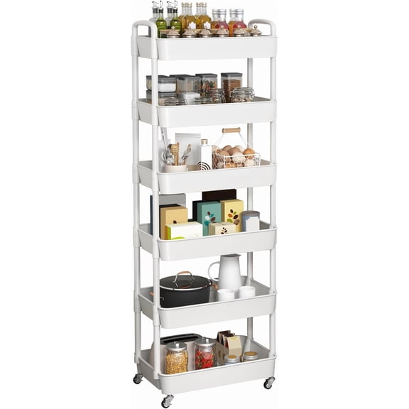 6-Tier Plastic Rolling Utility Cart with Handle, Multi-Functional Storage Trolley for Office, Living Room, Kitchen, Movable Storage Organizer with Wheels, White