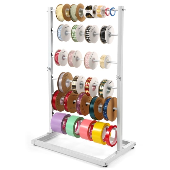6 Tier Ribbon Organizer Rack - Metal Large Capacity Ribbon Spool Holder with Adjustable Crossbars, Height-Adjustable Stand for Craft Ribbon, Washi Tape and Art Supplies for Craft Room (White)