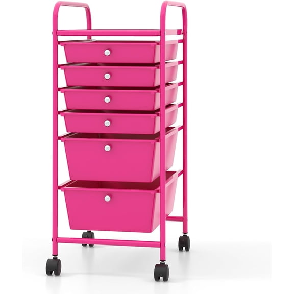 6-Tier Rolling Cart with Drawers, Storage Cart with Universal Wheel & Metal Frame, Pink Rolling Cart, Multipurpose Mobile Trolley Utility Cart for Small Space Makeup Play Room (Hot Pink)