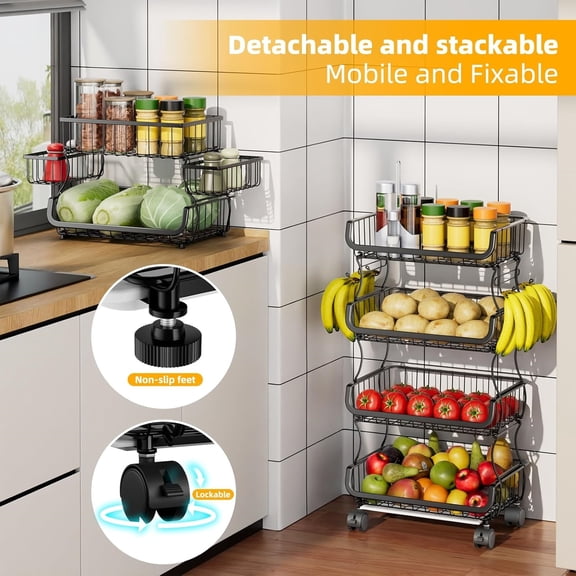 6 Tier Rolling Cart, Stackable Fruit Vegetable Basket with Wheels and 2 Hanging Basket, Kitchen Storage Metal Wire Basket Stand for Vegetable Bread Snacks, Black