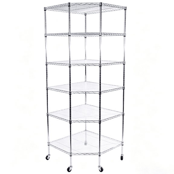 6-Tier Rolling Corner Shelf Organizer - Chrome Plated Polygonal Storage Rack with Wheels for Kitchen, Bathroom, Office 68x68x180cm