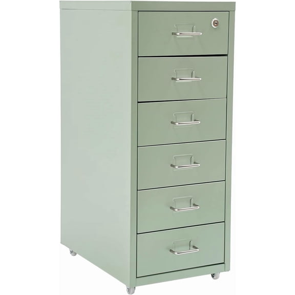 6-Tier Rolling File Cabinet with Lock, Small Vertical Filing Cabinet with Drawer, Fireproof Storage Organizer for Home Office, Mobile Vertical Cabinet for Supplies & Crafts, Required Assembled, Green