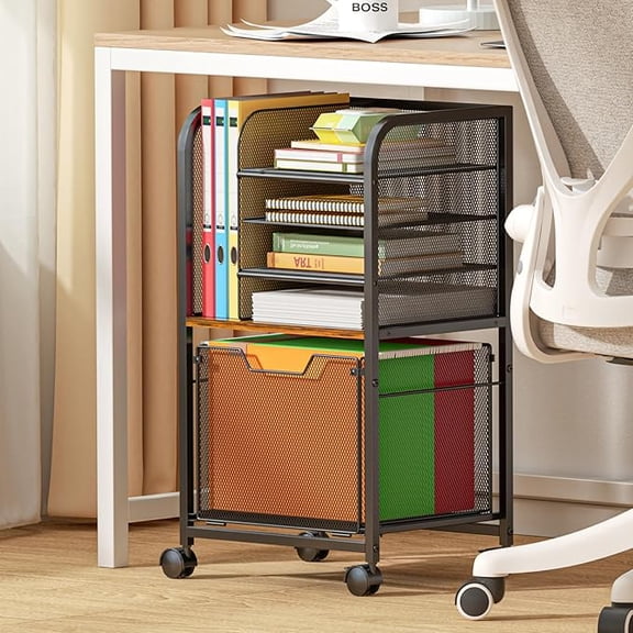 6-Tier Rolling File Cart with 2 Drawers, File Cabinet Organizer for Hanging File Folders, Letter-Size File Storage with Wheels, Multi-Layer Mobile Filing Cabinet for Office and Home