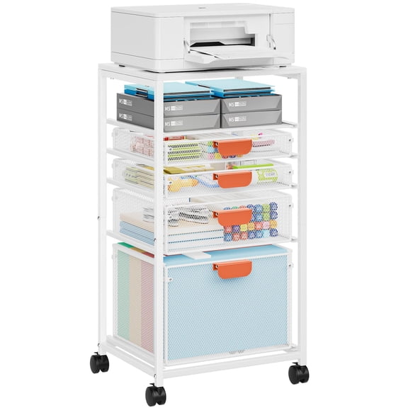 6 Tier Rolling File Cart - White: Vertical Mobile Organizer With Mesh Drawers, Hanging Files, And Lockable Wheels For Office