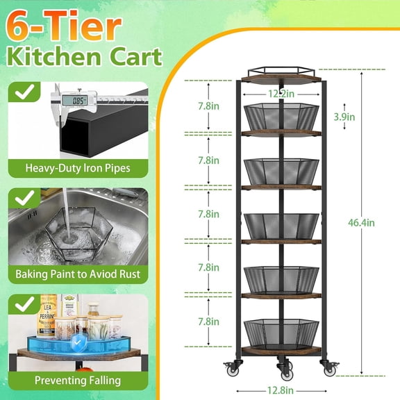 6-Tier Rolling Kitchen Storage Cart with Removable Fruit Bowls, Stainless Steel Vegetable Organizer Stand for Potato Onion