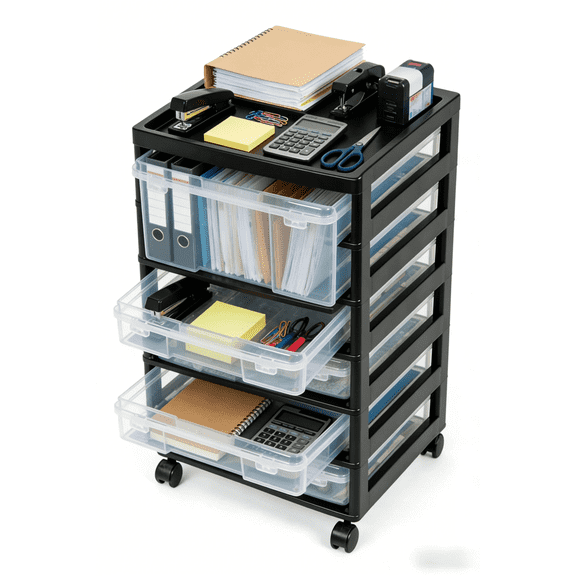 6-Tier Rolling storage cart with 6 Clear Cases - Fits 12"x 12" Paper for organizers and storage, craft storage solution for Office Supplies Yarn, plastic drawer storage with Built-in Handles -Black