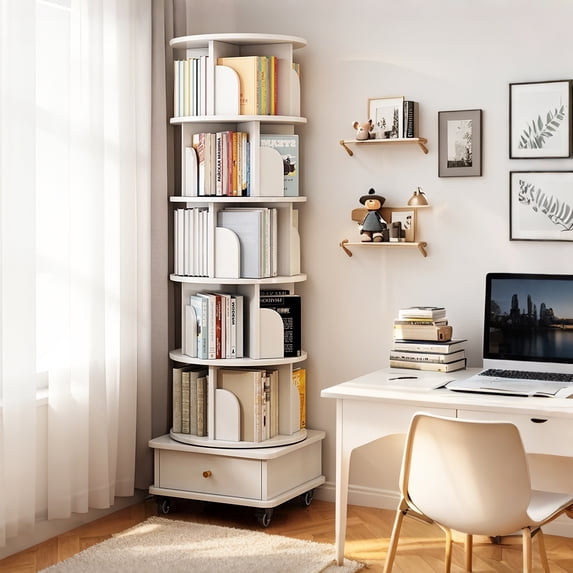 6 Tier Rotating Bookshelf,360° Display Round Spinning Bookshelf with Wheels,Space-Saving,Small Space Rotating Bookshelf Tower for Bedroom,Living Room,Home,Office,White