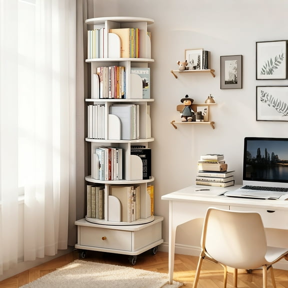 6 Tier Rotating Bookshelf 360 Display Round Spinning Bookshelf with Space-Saving, for Home Office