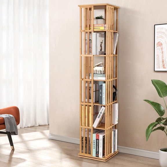 6-Tier Rotating Bookshelf, 360° Tall Floor Standing Bookcase Book Shelf Tower, Bamboo Narrow Bookshelves Storage Display Rack Shelves for Corner, Living Room, Office, Natural