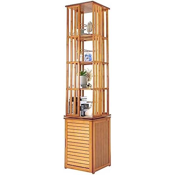 6 Tier Rotating Bookshelf, Bamboo Book Shelf with Shutter Door, Bamboo 360 Rotating Bookshelf Tower for Living Room, Balcony, Office, Sitting Room, Corridor, 14.5x14.5x87.4In