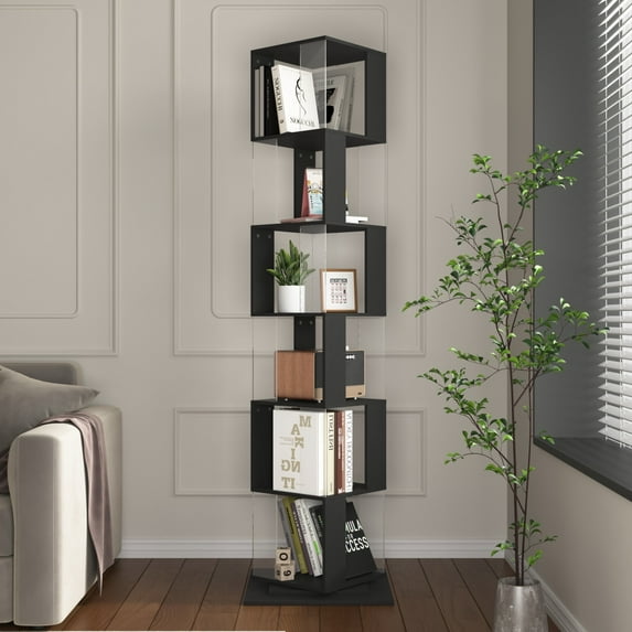 6 Tier Rotating Bookshelf, Floor Rack Simple Bookcase with Acrylic Plate Student Multi-Function Creative Bookshelf for Living Room with Anti-toppling Base
