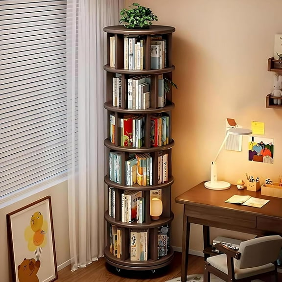 6 Tier Rotating Bookshelf, Solid Wood Spinning Bookcase Tower, 360 Spinning Book Shelf Tower for Kids, Narrow Rolling Bookshelves for Small Space, Bedroom, Office