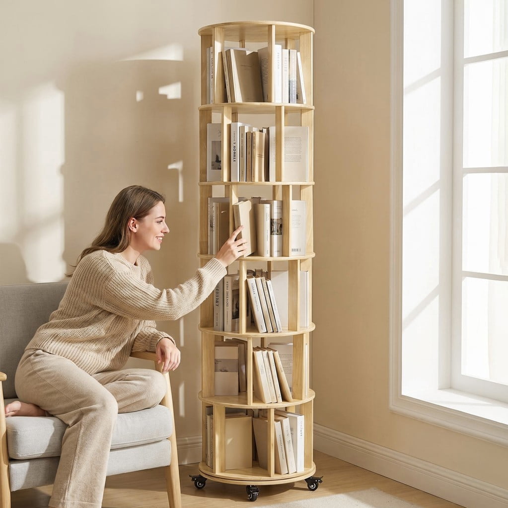 6-Tier Rotating Bookshelf, Solid Wood Spinning Bookcase Tower with Locking Wheels, 360° Display Round Bookshelf for Small Spaces, Natuarl