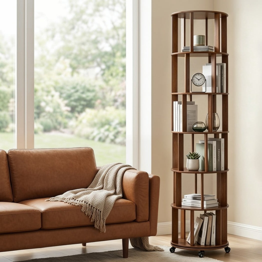 6-Tier Rotating Bookshelf, Solid Wood Spinning Bookcase Tower with Locking Wheels, 360° Display Round Bookshelf for Small Spaces, Walnut