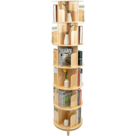 6 Tier Rotating Bookshelf Tower 4 Compartments Each Tier, Revolving Bookshelf 360 Rotary Bookshelf Floorstanding Vertical Book Shelf Stand Spin Bookcase Display Spinning Bookshelf