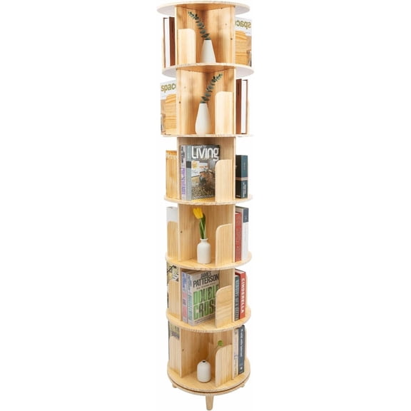 6 Tier Rotating Bookshelf Tower, Pine Wood Spinning Book Shelf with Support Legs, Rotating Storage Tower Revolving Round Bookcase Organizer for Bedroom Living Room