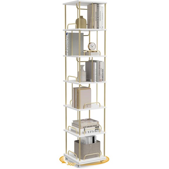 6-Tier Rotating Bookshelf Tower with Locking Wheels, White and Gold Spinning Bookcase for Small Spaces