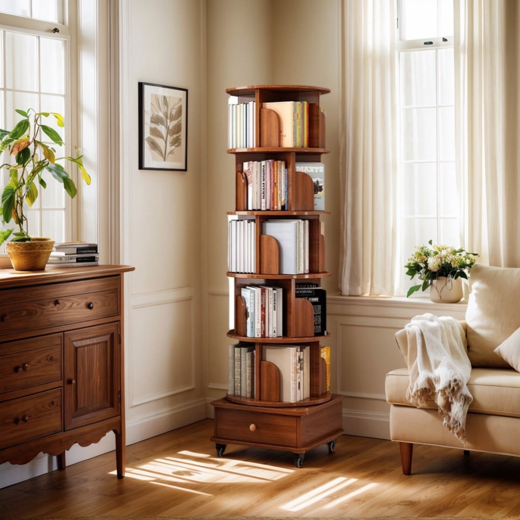 6-Tier Rotating Bookshelf with Wheels, 360° Spinning Corner Bookcase, Modular Space-Saving Storage Rack for Small Spaces, Bedroom, Living Room, Walnut Brown