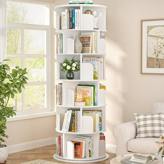 6 Tier Rotating Bookshelf, Wood Spinning Bookshelf Tower, Round Revolving 360 Bookcase, Narrow Turning Book Shelf Rolling Corner Organizer for Small Space, Bedroom, Office, White